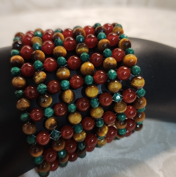 VINTAGE 1970s Natural Stone BRACELET – Vein Agate, Malachite, Tiger Eye - Picture 12 of 14